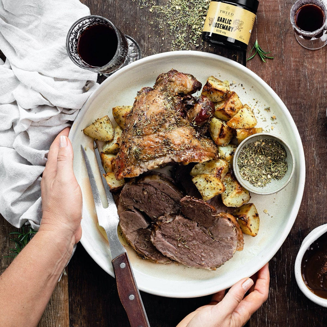 Tweed Real Food Garlic Rosemary Rub Sunday Lamb Roast with crispy potatoes