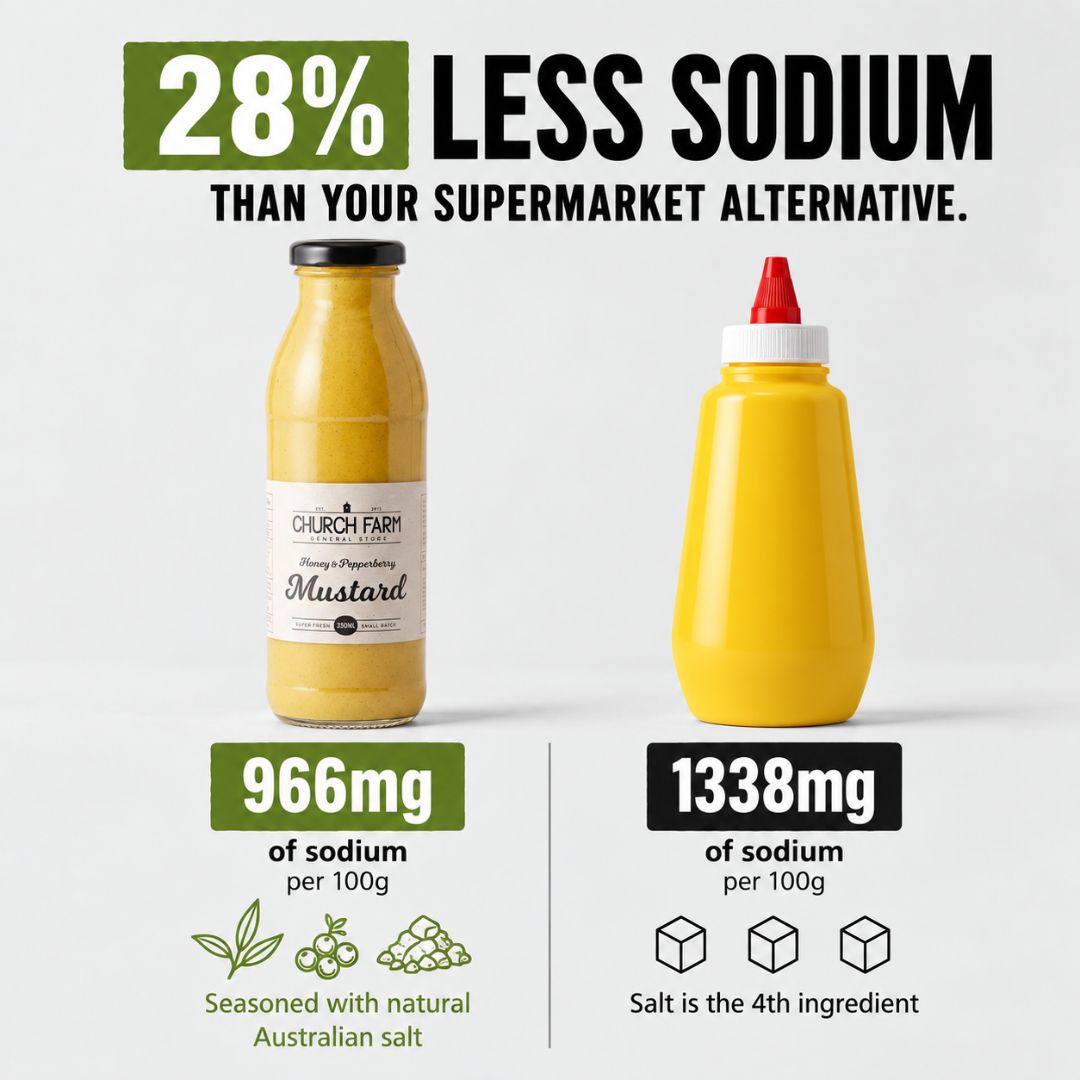 Church Farm Honey & Pepperberry Mustard contains 28% less sodium than the supermarket mustard compared, with 966mg versus 1338mg per 100g.