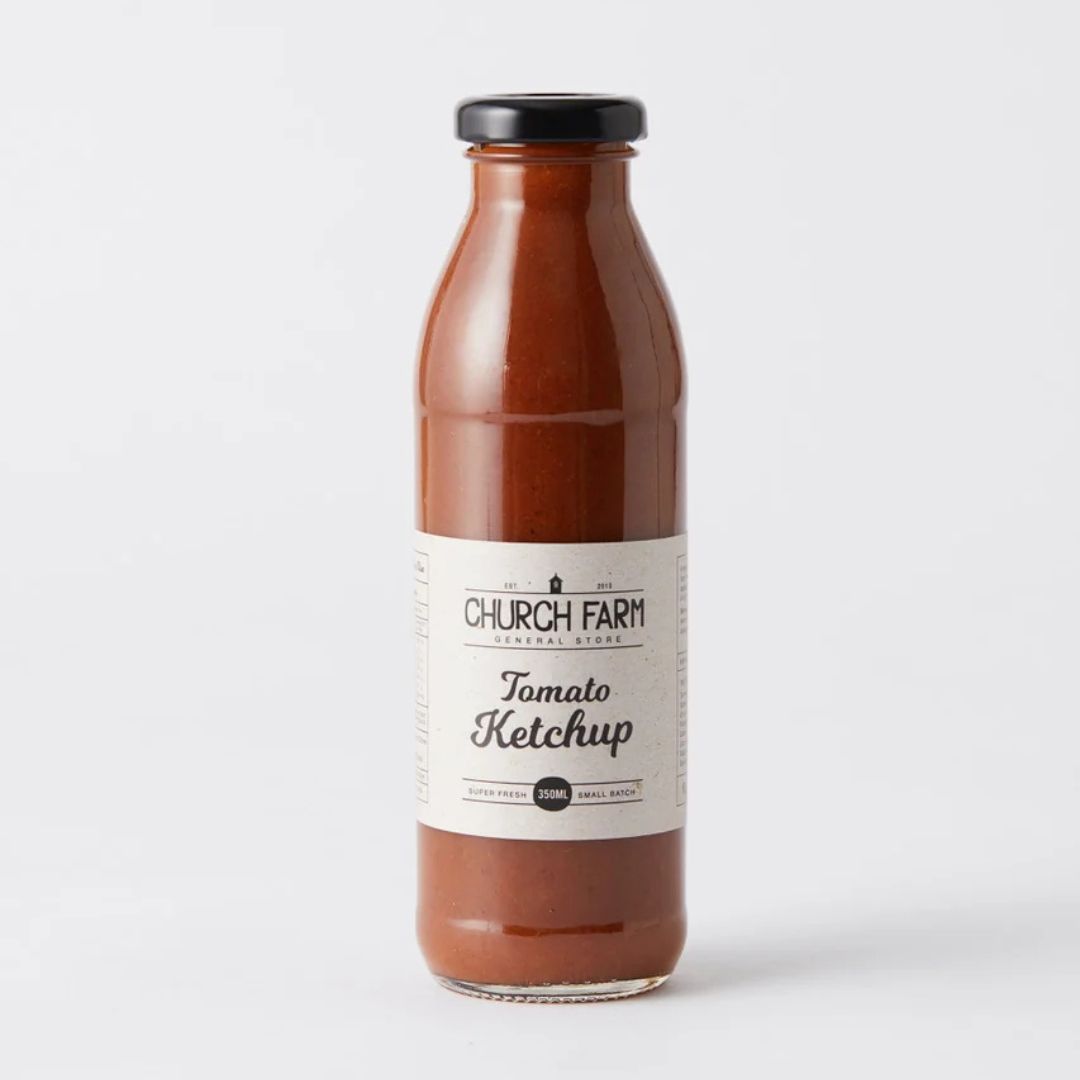 Church Farm Tomato Ketchup 350ml glass bottle — handmade refined sugar free tomato sauce, Northern NSW