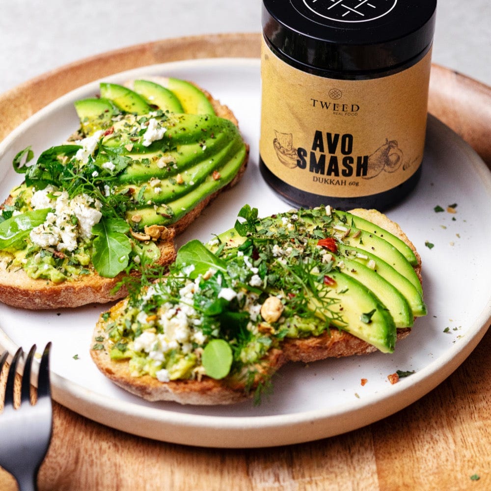 Avo Smash Dukkah spice on smashed avocado sourdough toast with feta