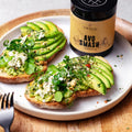Avo Smash Dukkah spice on smashed avocado sourdough toast with feta