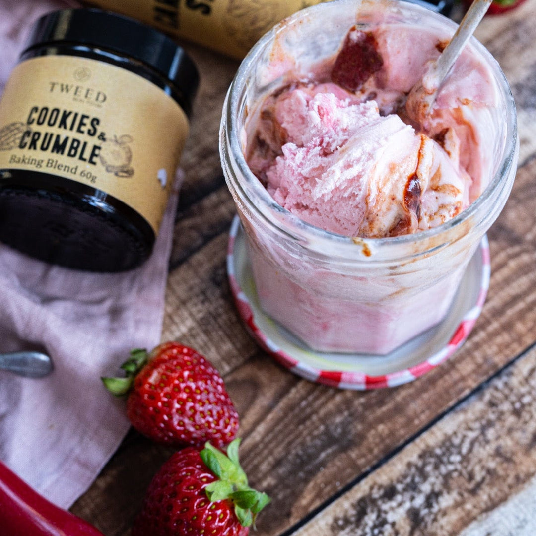 Strawberry ice cream with Tweed Real Food Cookies and Crumble Baking Blend