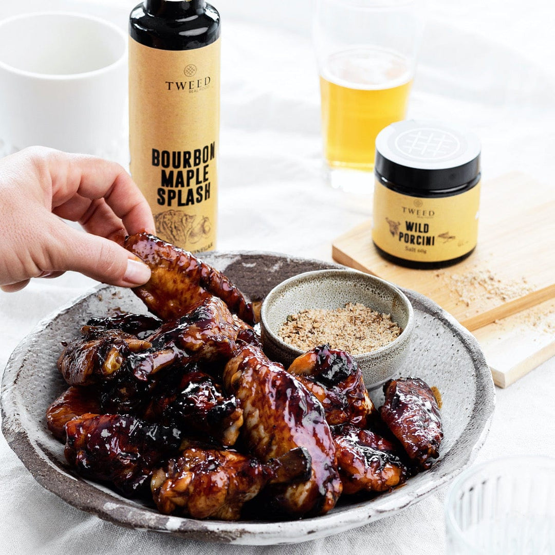 Bourbon maple sticky chicken wings made with the BBQ Deluxe Gift Hamper