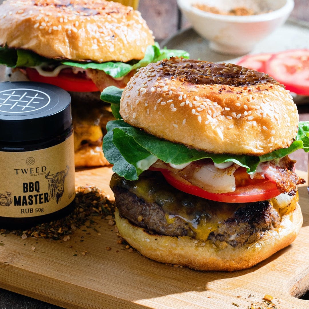 Beef burger seasoned with Tweed Real Food BBQ Master Rub