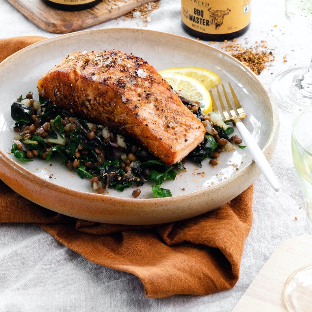 Salmon on lentil salad with Tweed Real Food BBQ Master Rub