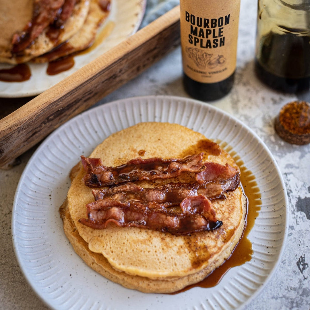 Maple bacon pancakes with Tweed Real Food Bourbon Maple Splash balsamic vinegar