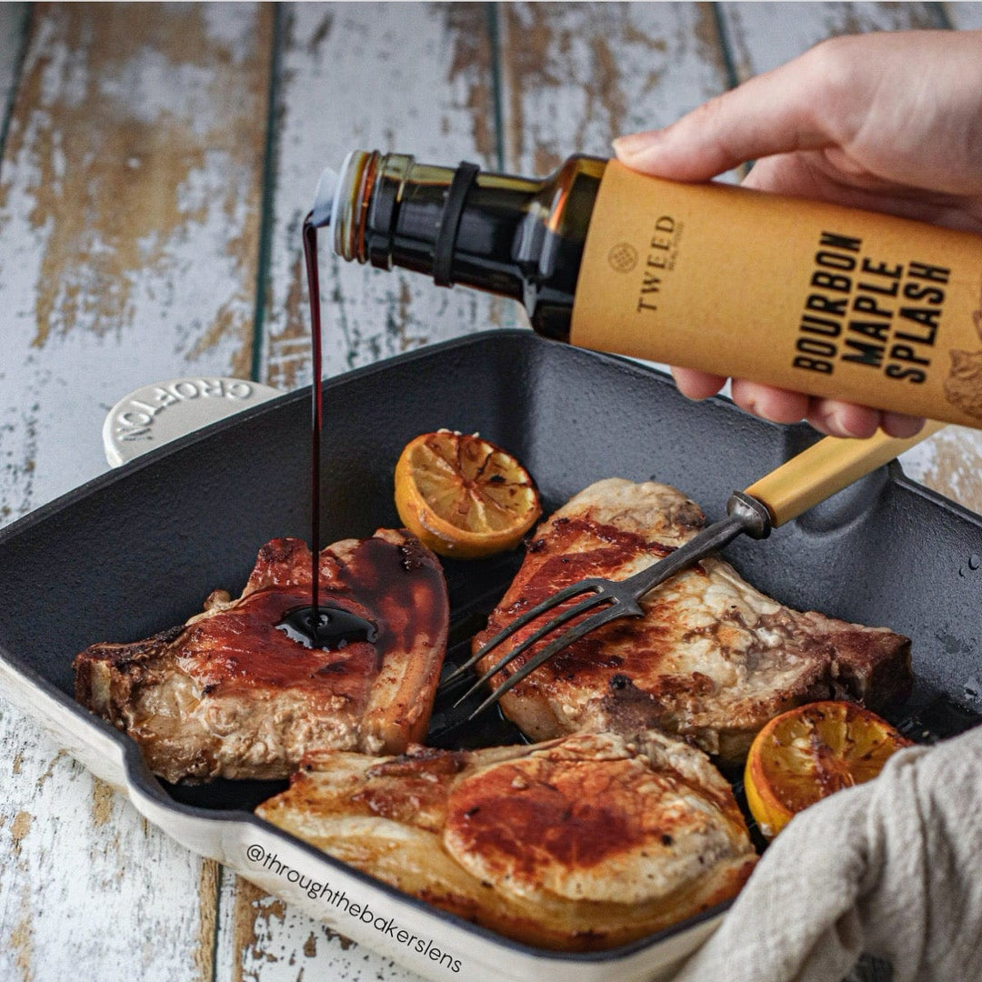 Pork cutlets finished with Tweed Real Food Bourbon Maple Splash balsamic vinegar