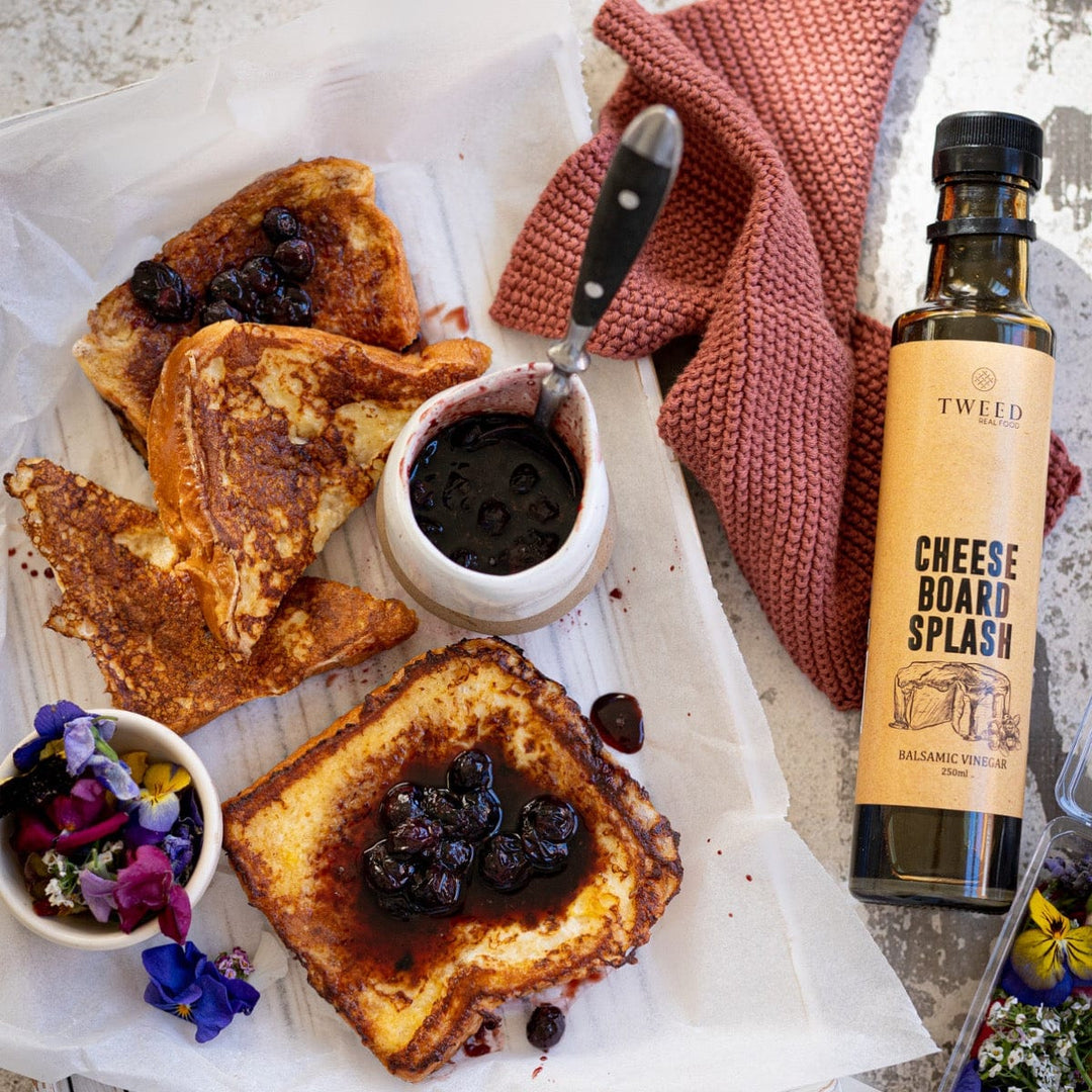 French toast with blueberry sauce and Tweed Real Food Cheeseboard Splash balsamic vinegar