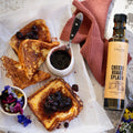 French toast with blueberry sauce and Tweed Real Food Cheeseboard Splash balsamic vinegar