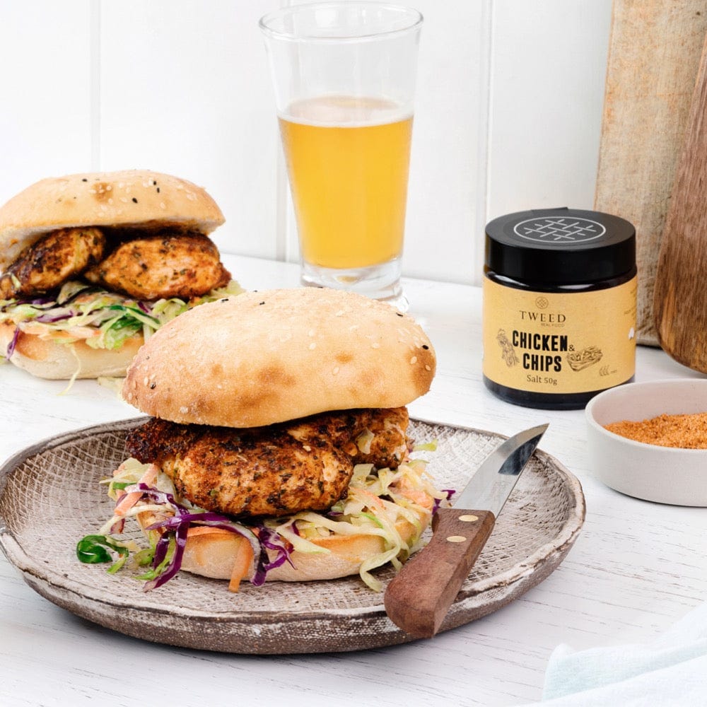 Chicken burger seasoned with Tweed Real Food Chicken and Chips Salt