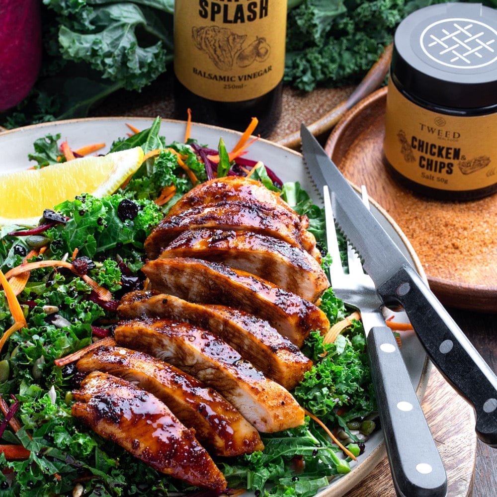 Crunchy kale chicken breast salad with Tweed Real Food Chicken and Chips Salt