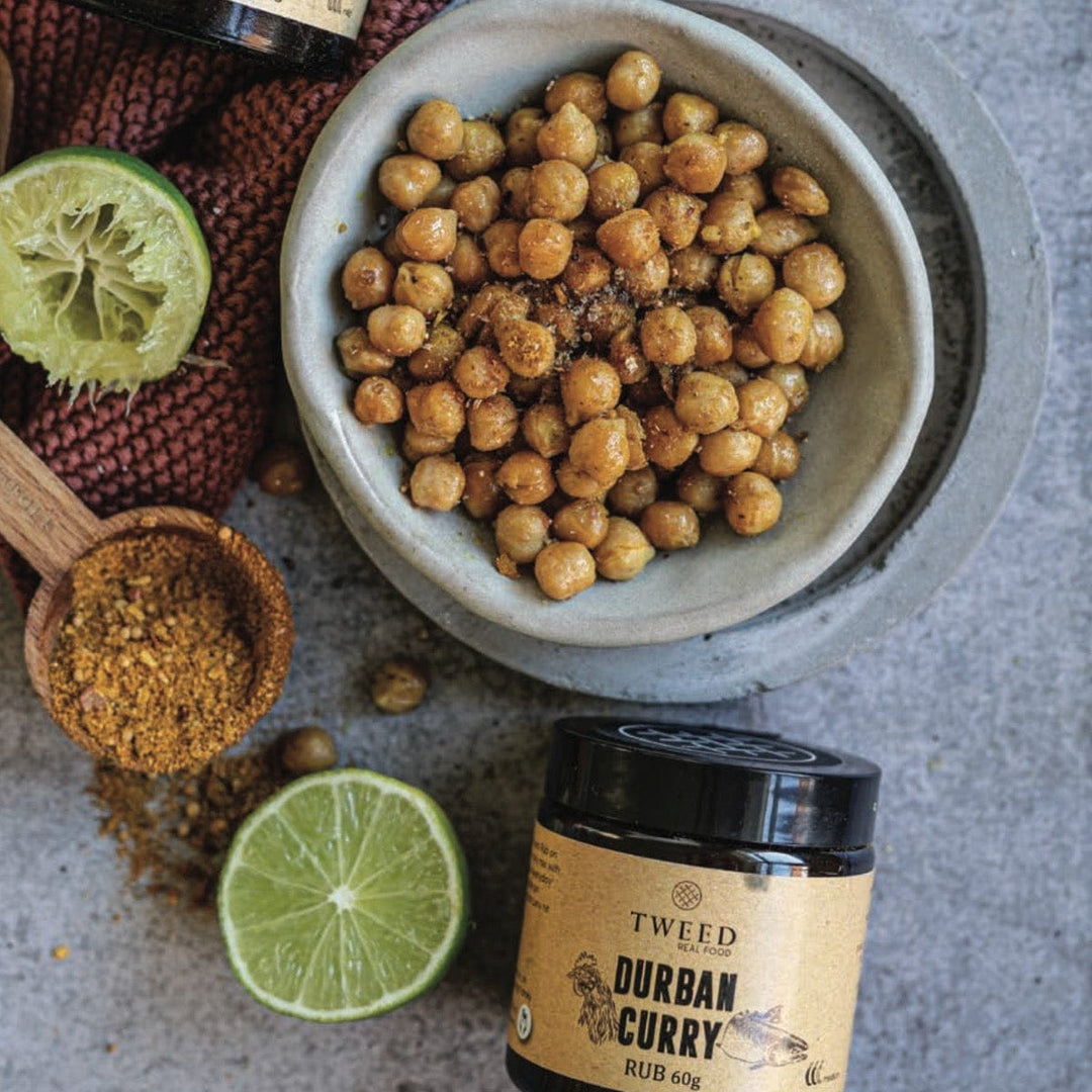 Spiced roasted chickpeas made with Tweed Real Food Durban Earth Curry Rub