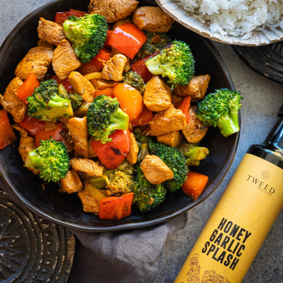 Chicken stir fry with Tweed Real Food Honey Garlic Splash balsamic vinegar