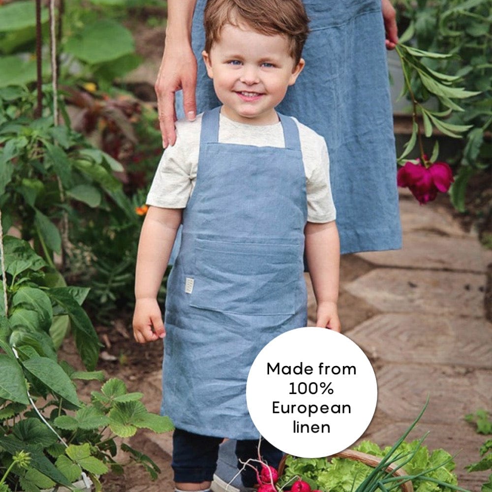 Tweed Real Food kids linen apron in grey blue