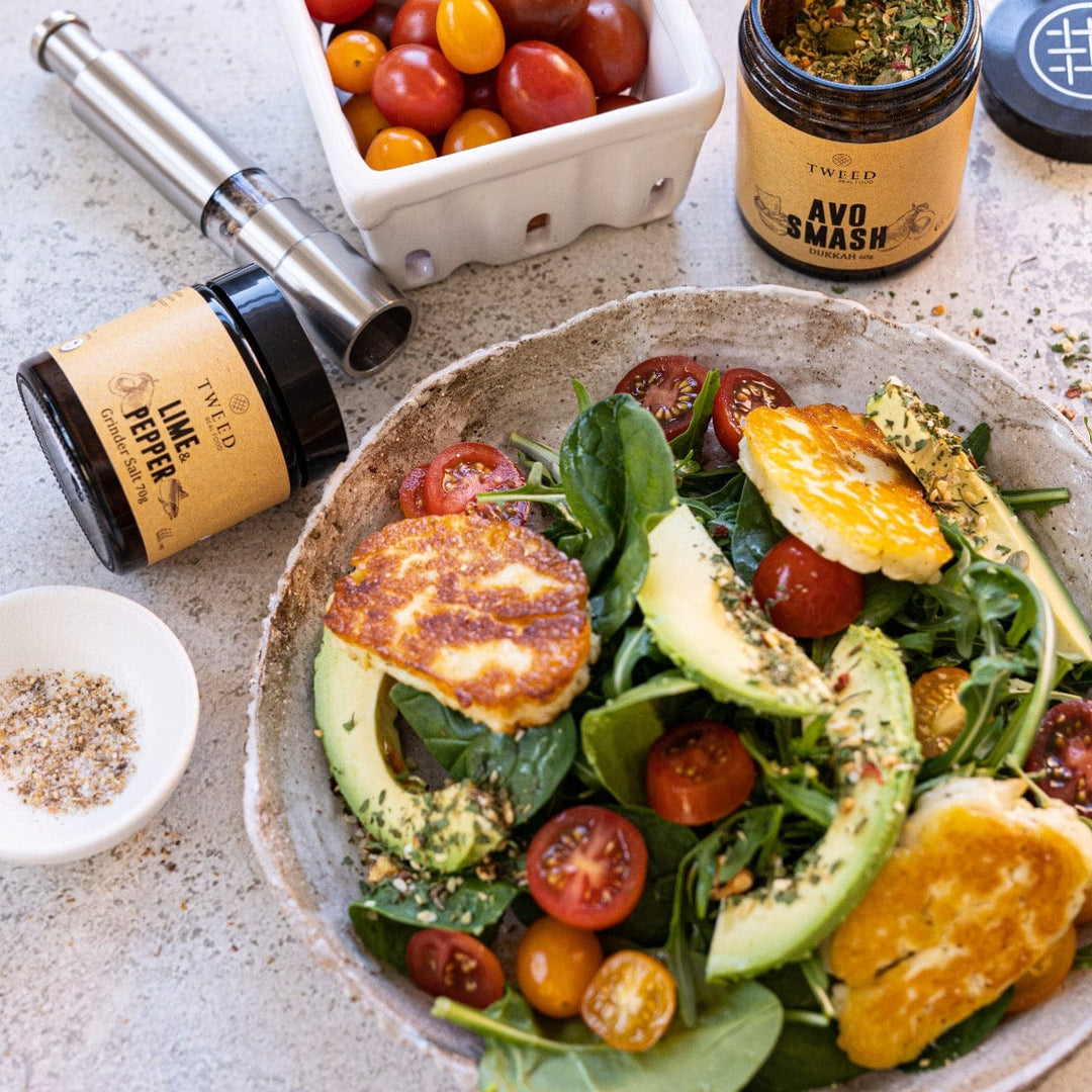 Farm fresh breakfast salad with haloumi and Tweed Real Food Lime Pepper Grinder Salt