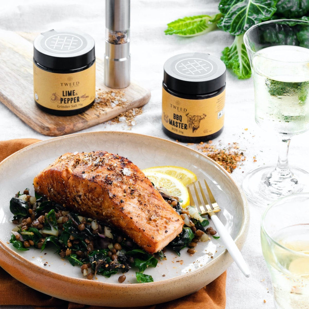Salmon on lentil salad with Tweed Real Food Lime Pepper Grinder Salt