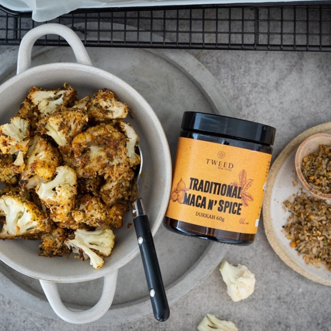 Dukkah crusted cauliflower made with Tweed Real Food Maca n&