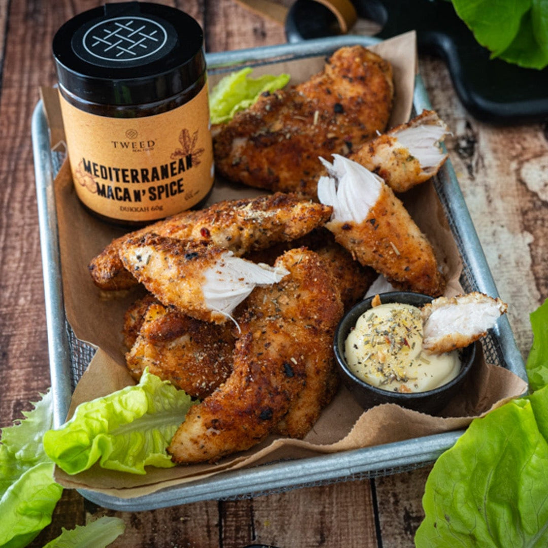 Dukkah crusted chicken tenders made with Tweed Real Food Mediterranean Maca n&