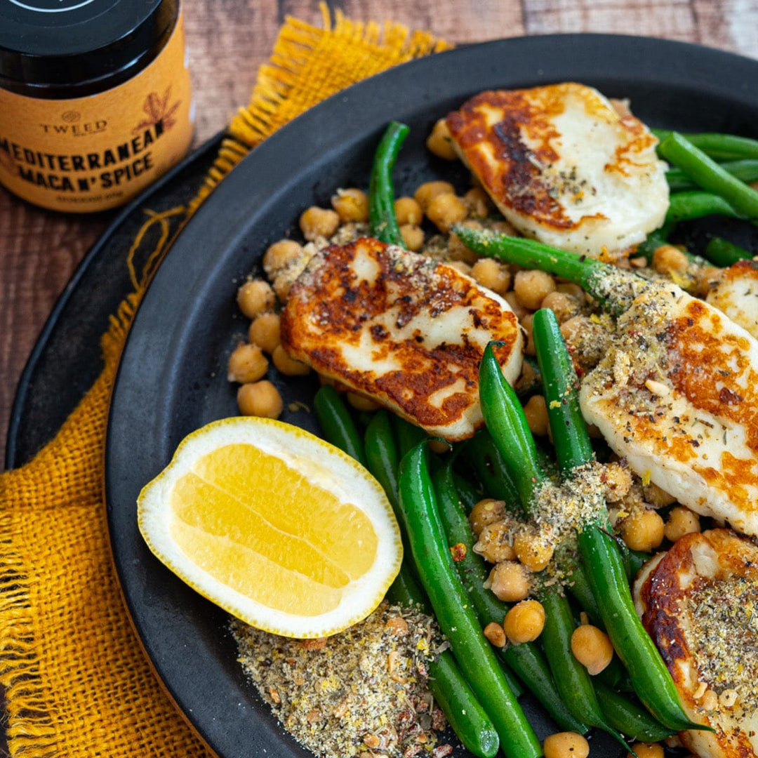 Warm vegetable salad with Tweed Real Food Mediterranean Maca n&