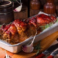 Plum glazed pork roast made with Tweed Real Food Sticky Plum Splash balsamic vinegar