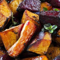 Balsamic roasted root vegetables with Tweed Real Food Sticky Plum Splash balsamic vinegar