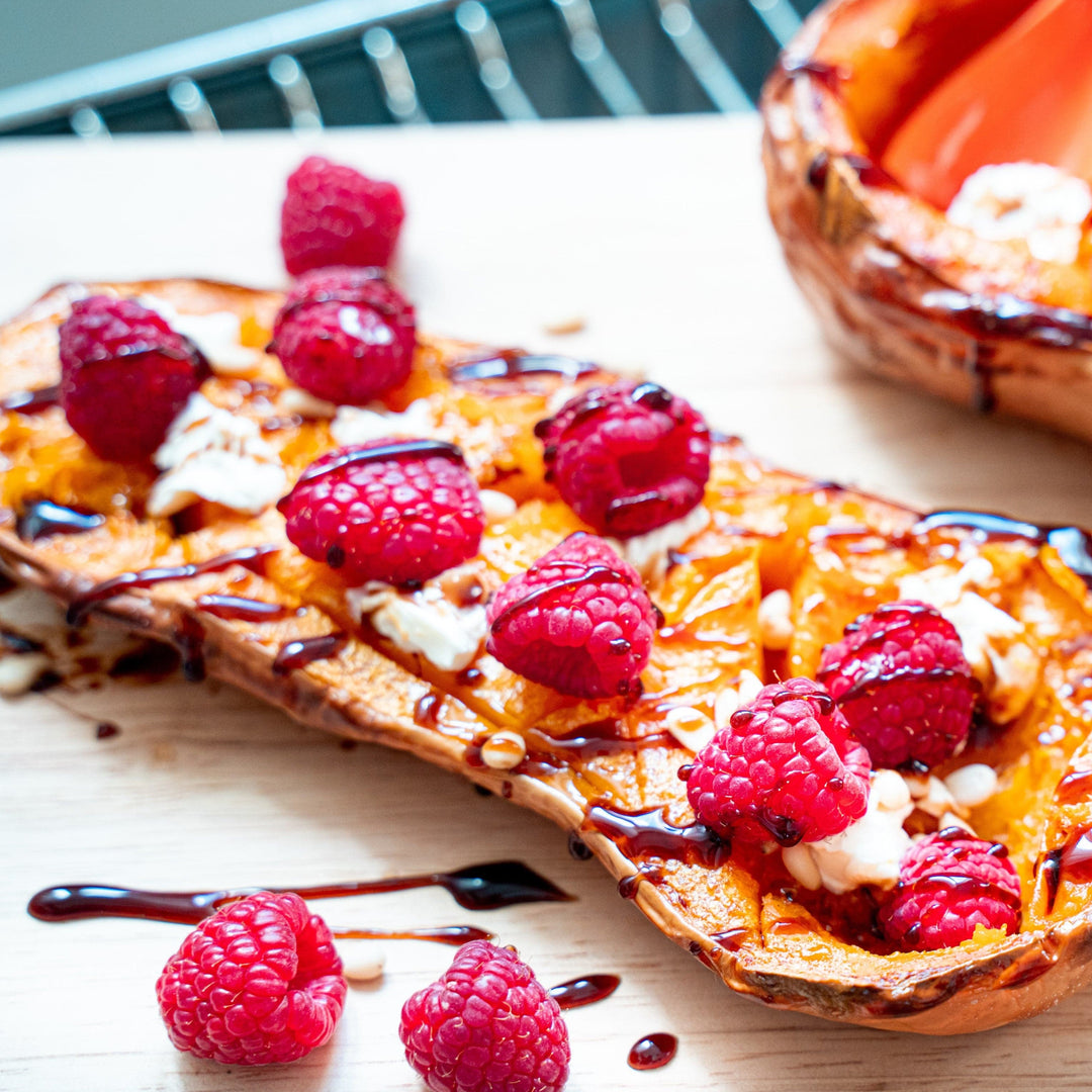Roast pumpkin with Tweed Real Food Wild Raspberry Splash balsamic vinegar